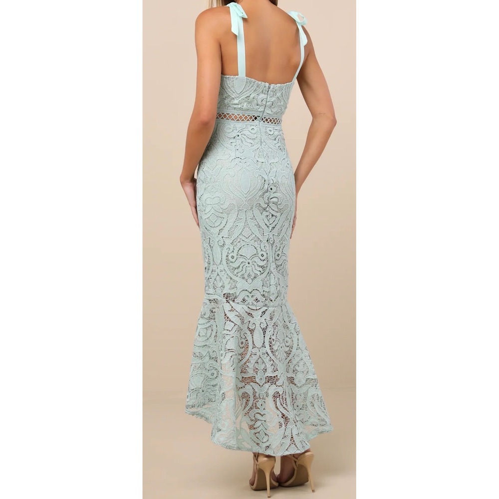 NWT Lulus SZ Medium Won Your Heart Sage Green Lace Tie-Strap High-Low Midi Dress - Picture 2 of 13